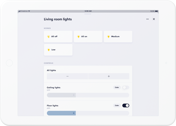 white touch panel with crestron home interface